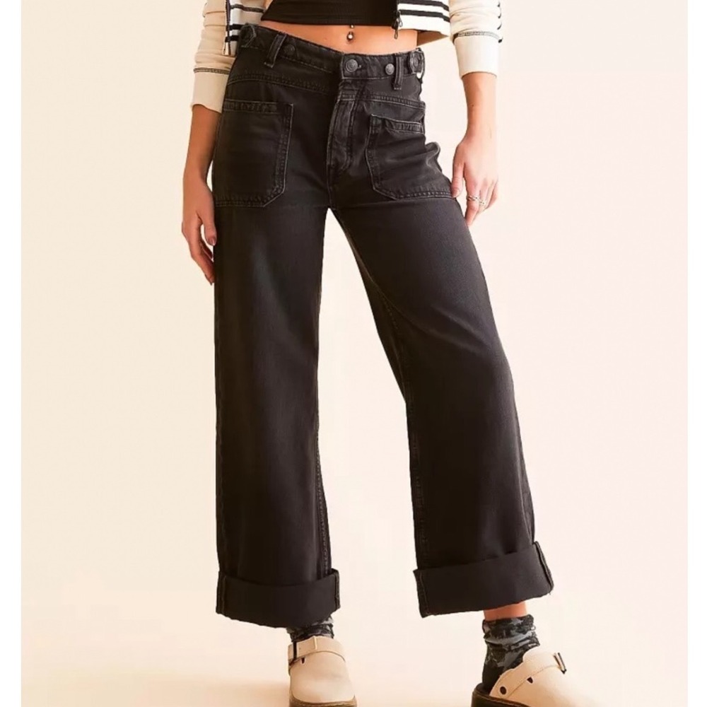 We The Free People Palmer Cuff Jeans Black Wide Leg Patch Pocket 29